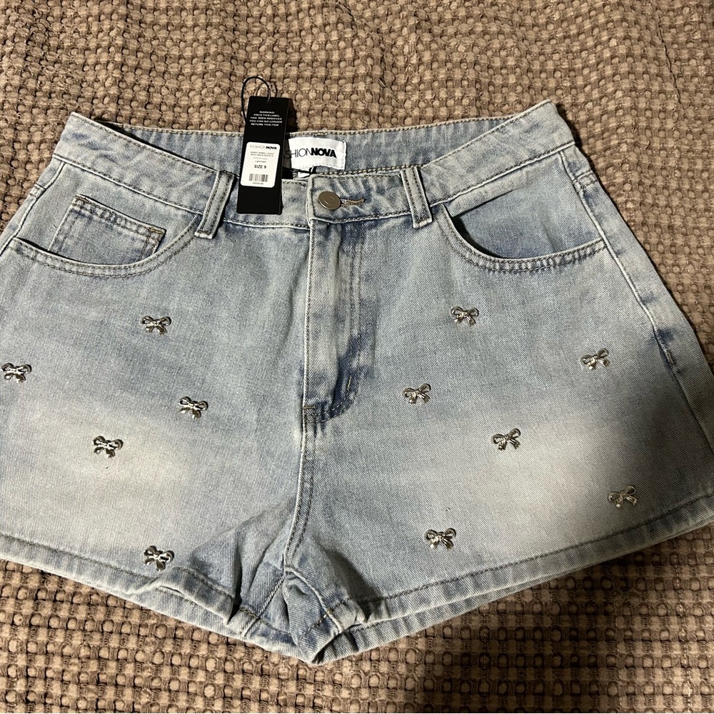 Fashion Nova Embellished Light Blue Jean Shorts
